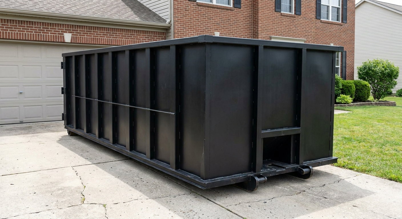 Matte-black 20-yard roll-off container on a Littlerock residential concrete driveway with reinforced ribbed steel sidewalls and a hinged rear walk-in door, clean bright daylight.