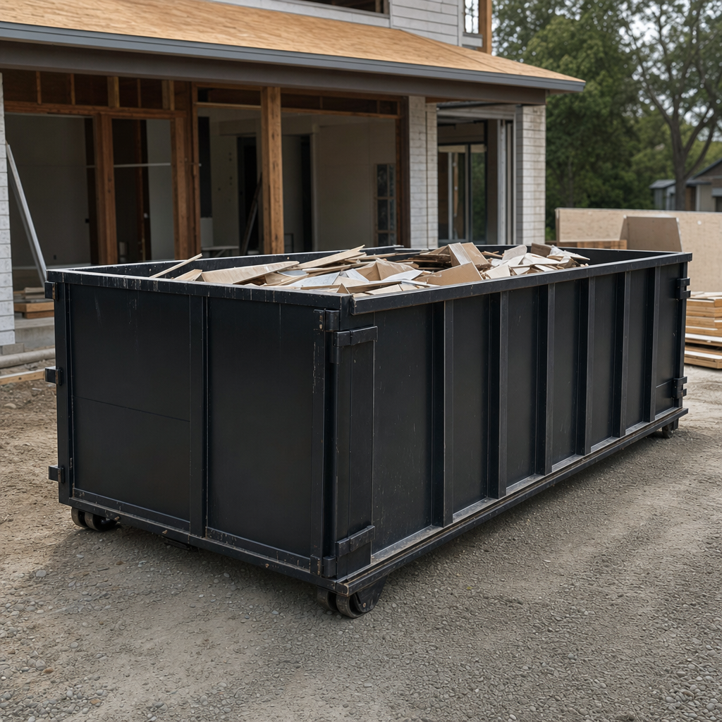 Large matte-black 30-yard construction roll-off dumpster at an active Littlerock jobsite, steel-gray top rails and bottom rollers visible, loaded with construction debris.