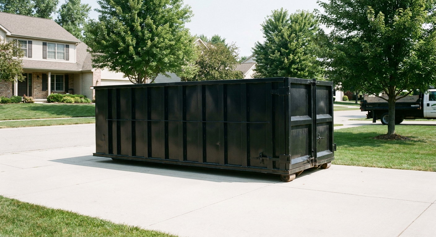 Matte-black 20-yard roll-off dumpster sitting level on a clean Littlerock residential concrete driveway under bright daylight, demonstrating clean placement directly on the concrete.