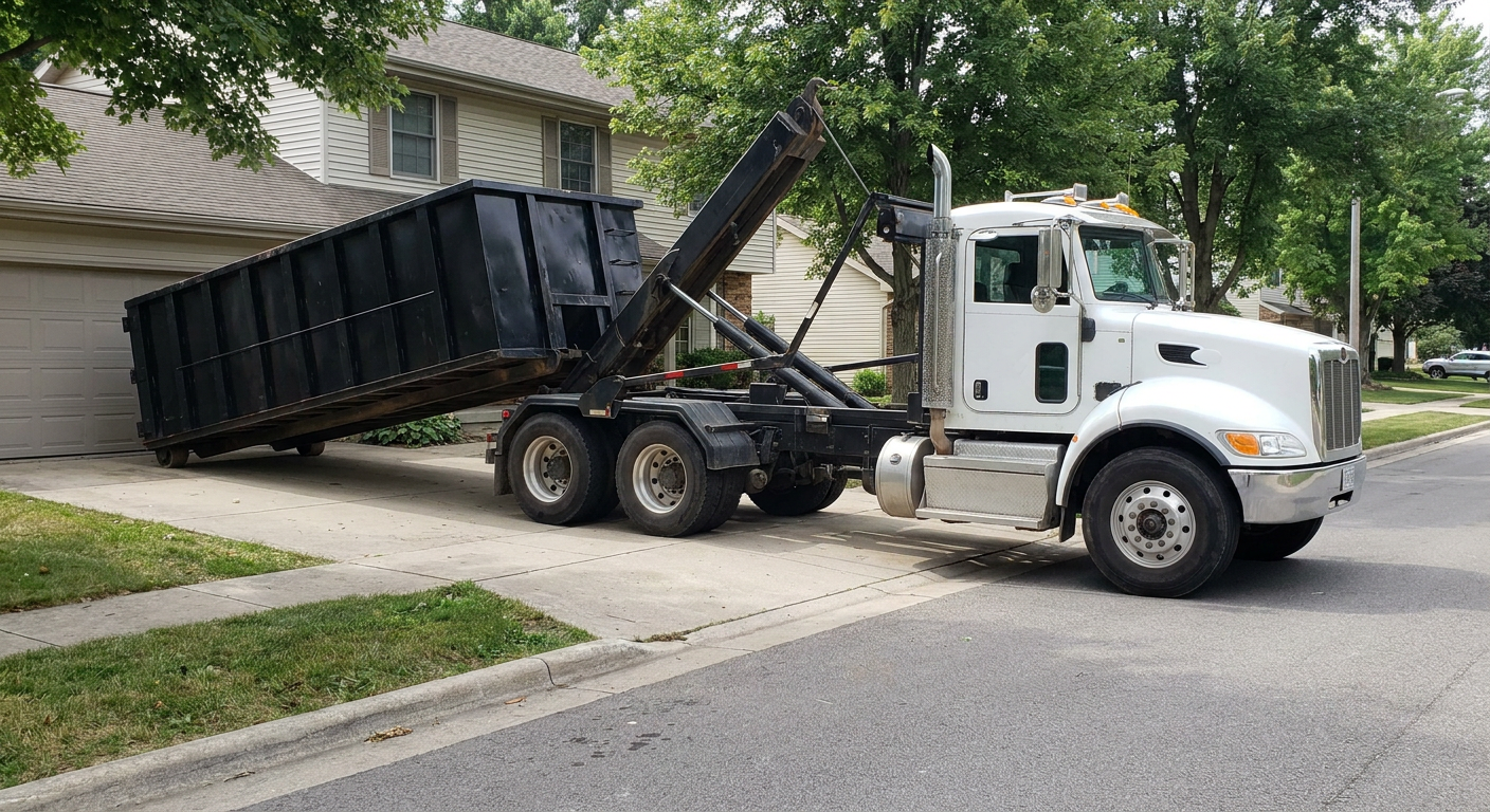 White-cab hooklift roll-off truck actively lowering a matte-black dumpster onto a Littlerock residential concrete driveway, the dumpster's rear wheels touching the driveway as the hoist arm tilts the bed forward, mid-morning daylight.