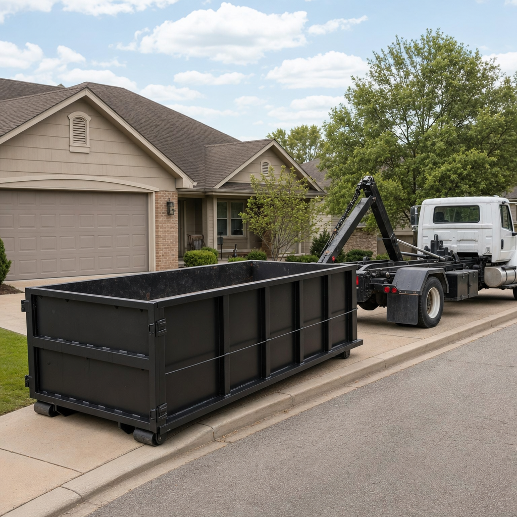 Wide documentary shot of a matte-black roll-off dumpster on a Littlerock residential driveway in the foreground and a contractor jobsite container in the soft-focus background, bright daylight, calm and orderly composition.